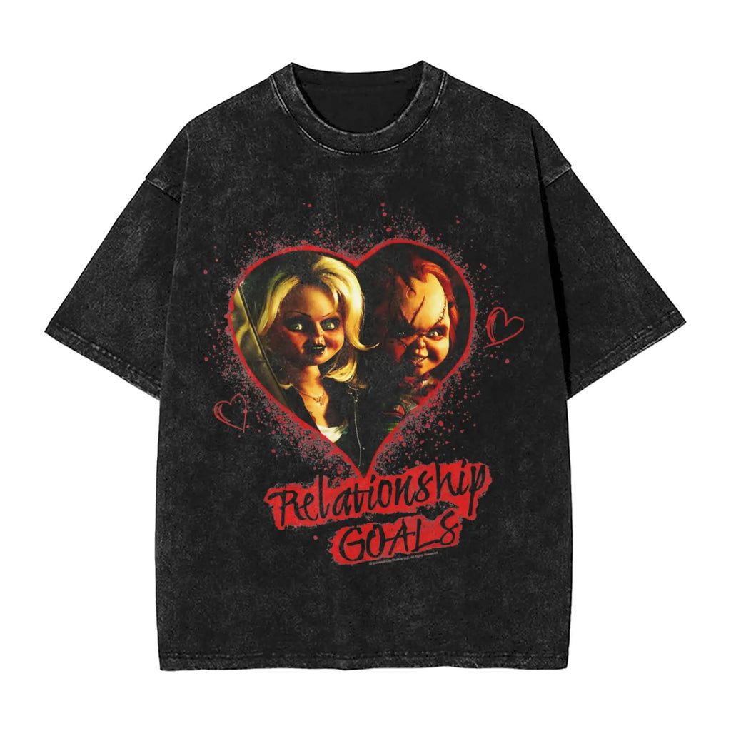 Childs Play Chucky et Tiffany objectifs de relation t-shirts pour hommes t-shirts délavés à manches courtes col rond T-Shirt 100% couverture en coton