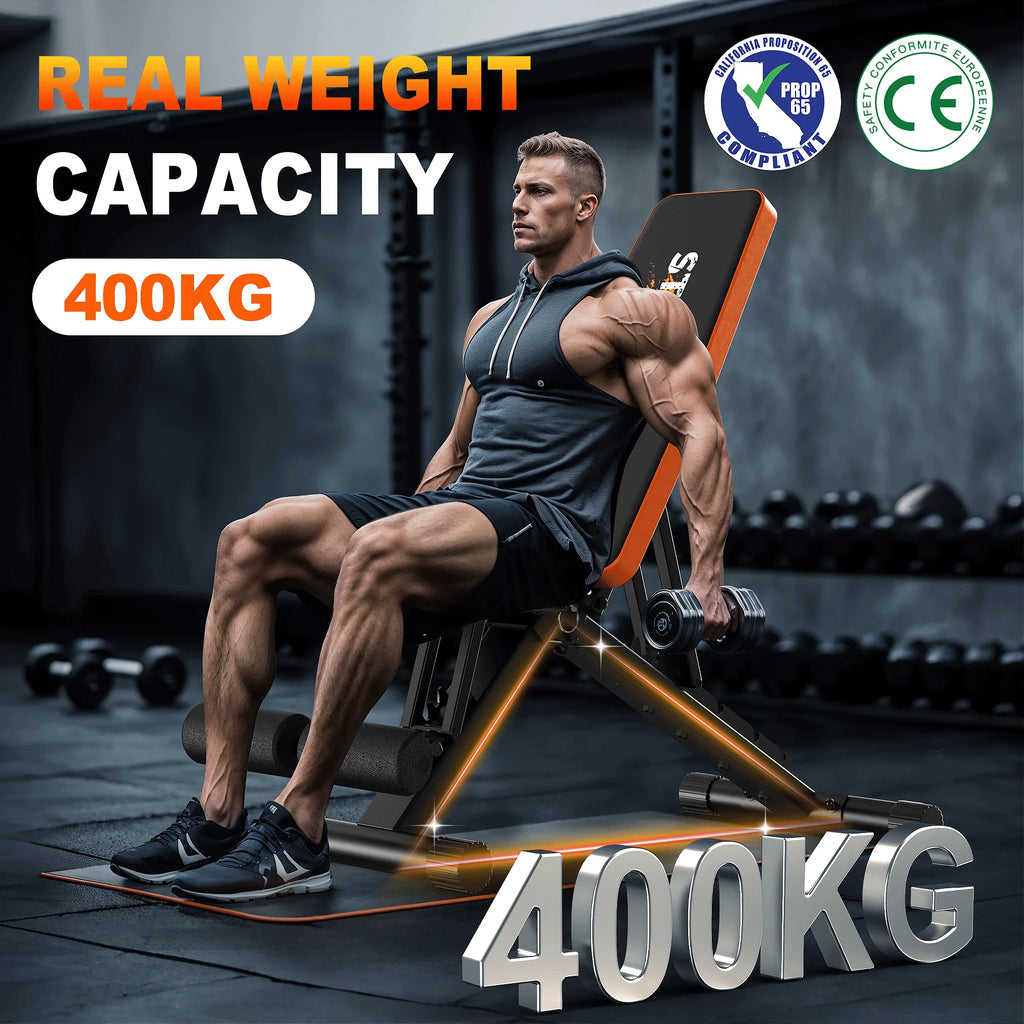 Banc de musculation pliable et réglable, banc d'entraînement multifonctionnel pour la maison avec une capacité de charge de 400 kg, banc incliné 4 en 1 (A200)