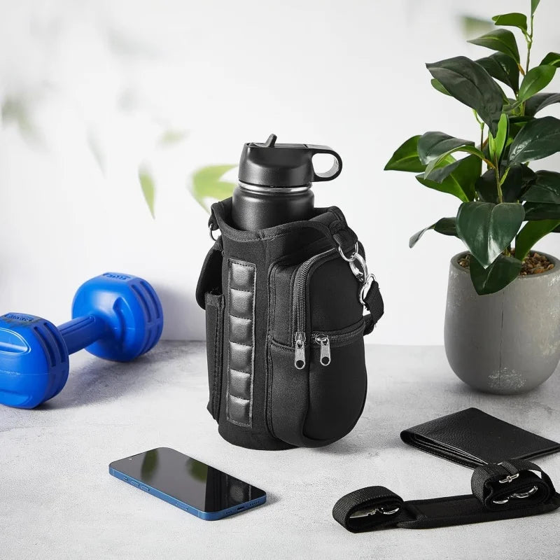 Porte-bouteille d'eau magnétique, sac de transport de bouteille d'eau de gymnastique avec poignée de poche pour téléphone, bandoulière, 6 aimants intégrés, bouteille d'eau