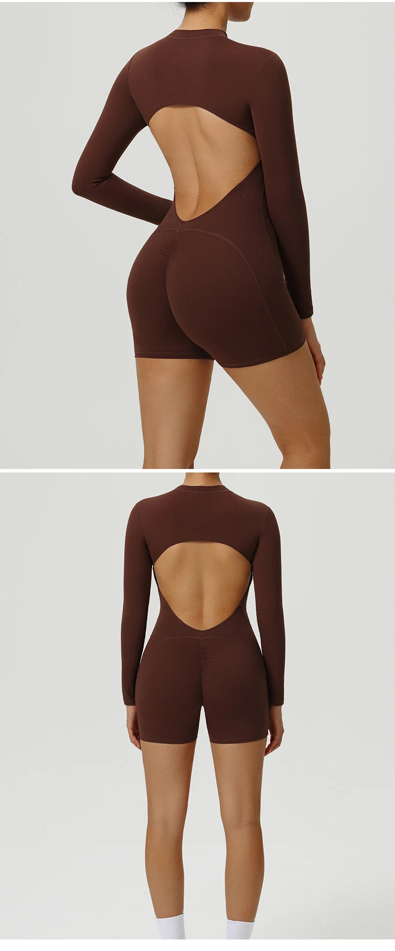 Combinaison de Yoga une pièce dos nu, fermeture éclair, manches longues, combinaison de sport, froissée, Push Up, entraînement de gymnastique, body de loisirs en plein air pour femmes