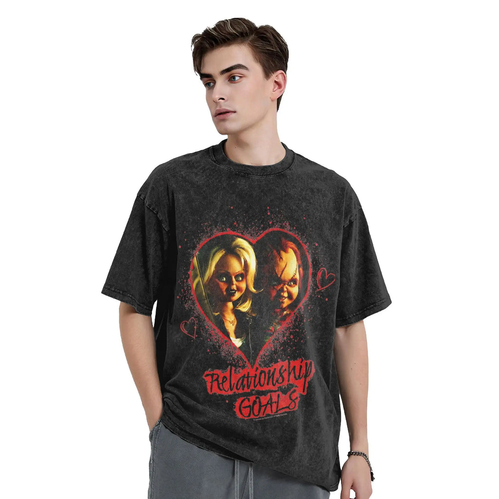 Childs Play Chucky et Tiffany objectifs de relation t-shirts pour hommes t-shirts délavés à manches courtes col rond T-Shirt 100% couverture en coton