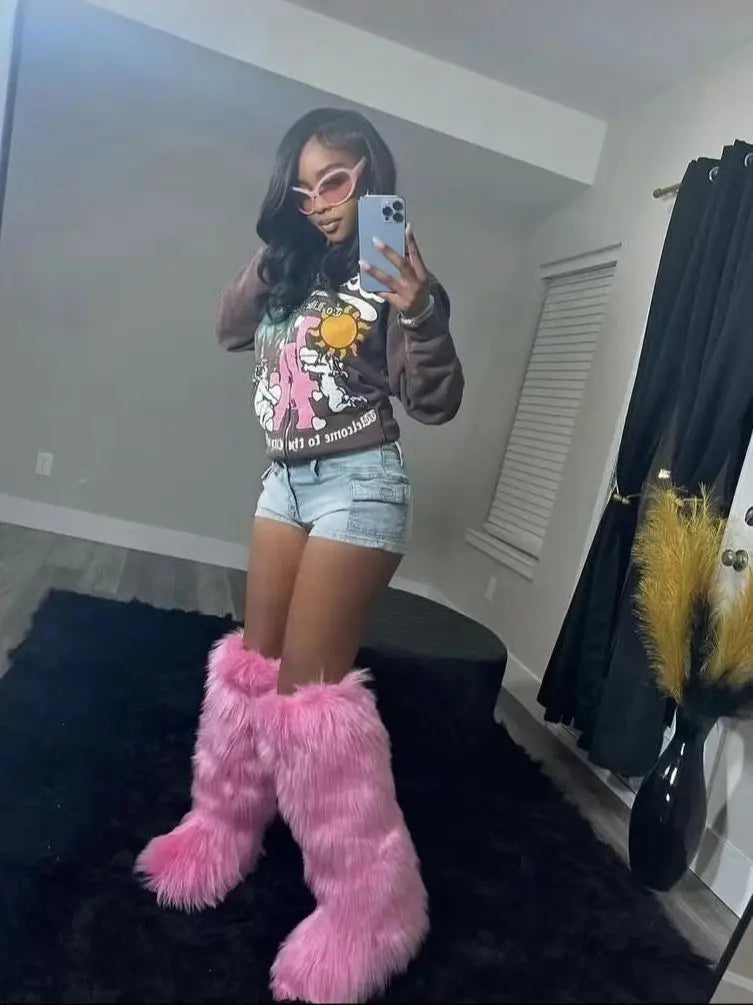 Bottes hautes au-dessus du genou pour femmes, fourrure de renard, bottes de neige en cachemire, bottes de jambe chaudes, l'offre elles coordonnantes, hiver, nouveau