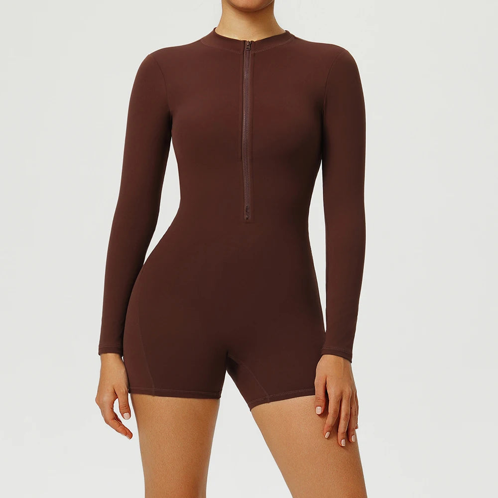 Combinaison de Yoga une pièce dos nu, fermeture éclair, manches longues, combinaison de sport, froissée, Push Up, entraînement de gymnastique, body de loisirs en plein air pour femmes