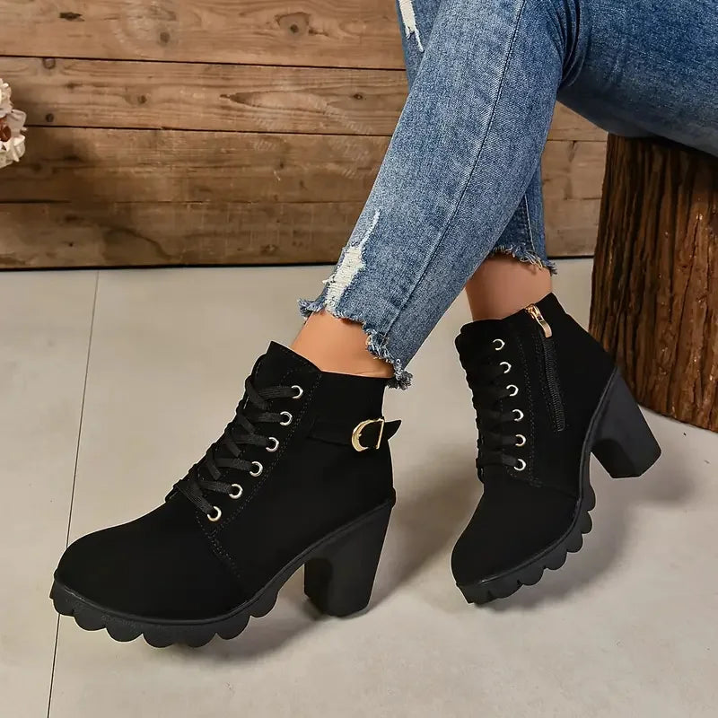 Bottes à lacets pour femmes, chaussures à talons hauts, bottes anti-aldes, mode extérieure, automne, hiver, haute qualité