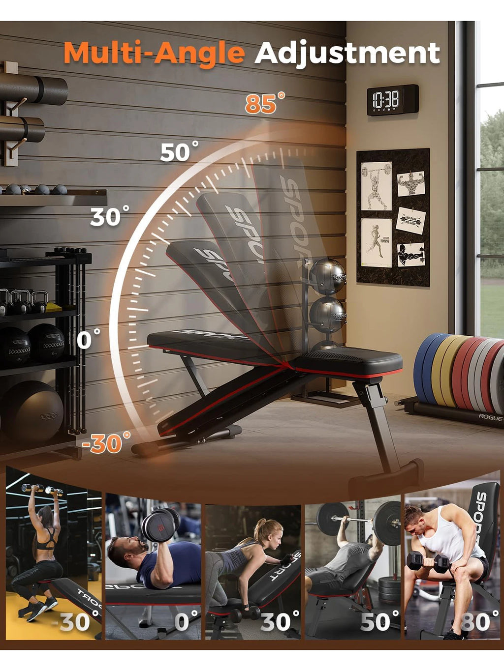 Banc de musculation utilitaire pour entraînement complet du corps, banc d'entraînement incliné pliable avec 5 dossiers, entraînement de force à domicile pliable rapide