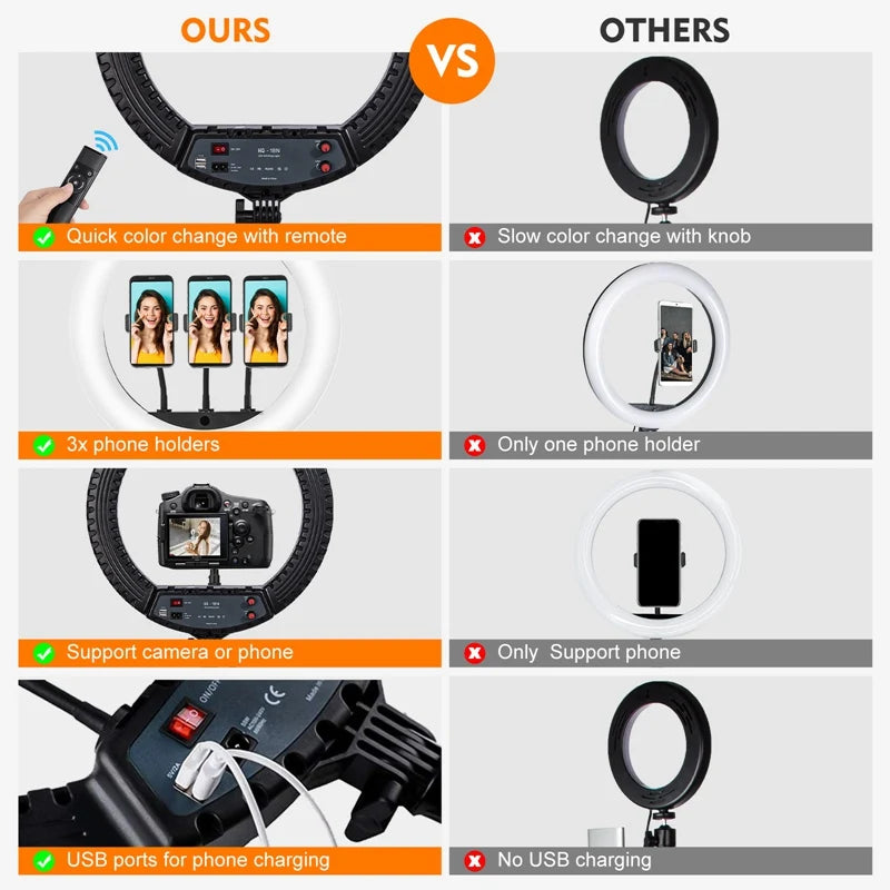 Anneau lumineux de 18 pouces avec trépied, 55W, 3000-5800K, CRI 90, lumière de Studio Photo pour Vlog, prise de vue vidéo, maquillage, Selfie