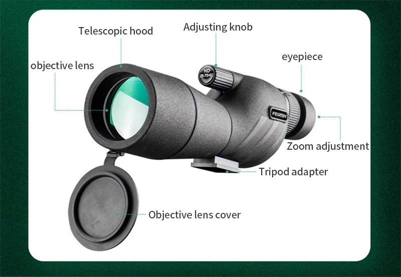 25-75x60 HD longue-vue puissant monoculaire Zoom télescope prisme étanche pour l'observation des oiseaux cible tir Camping