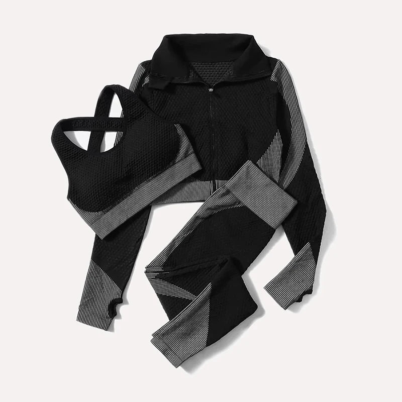 Leggings de yoga imbibés sans couture pour femmes, pantalons de yoga, vêtements avec fermeture éclair, haut court à manches longues, vêtements de fitness, ensemble de gymnastique sportive, 2 pièces, 3 pièces