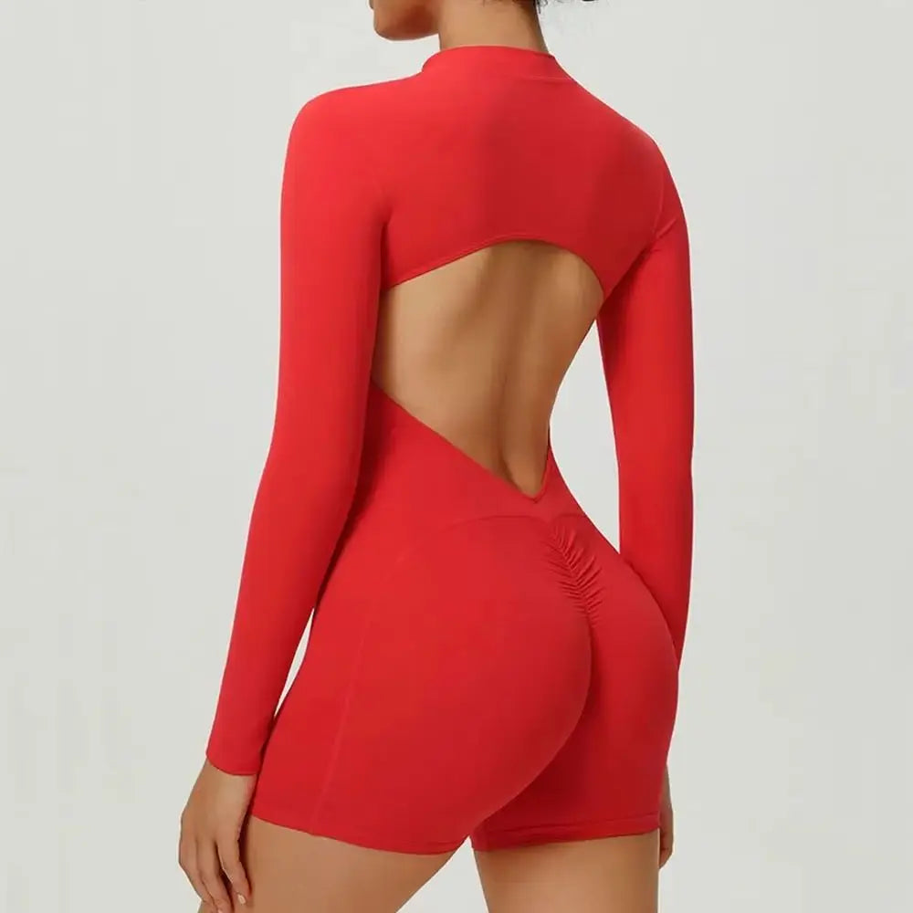 Combinaison de Yoga une pièce dos nu, fermeture éclair, manches longues, combinaison de sport, froissée, Push Up, entraînement de gymnastique, body de loisirs en plein air pour femmes