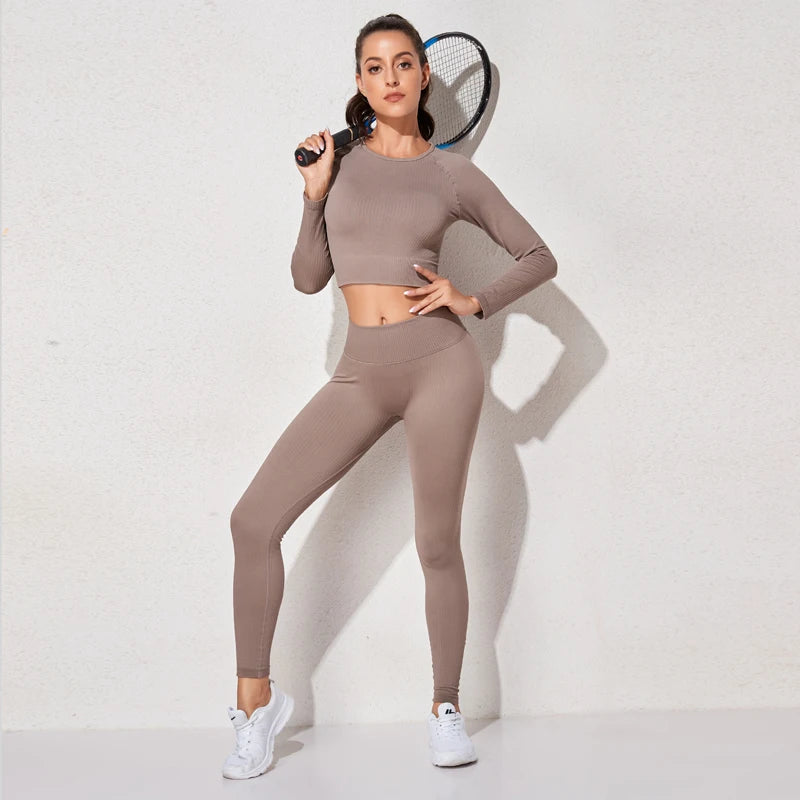 WAREBALL Ensemble de Vêtements de Yoga, Legging, Brassière et Haut à Manches longues, Sans Couture, Top Court, pour le Sport, le Fitness et Gym, pour Femme