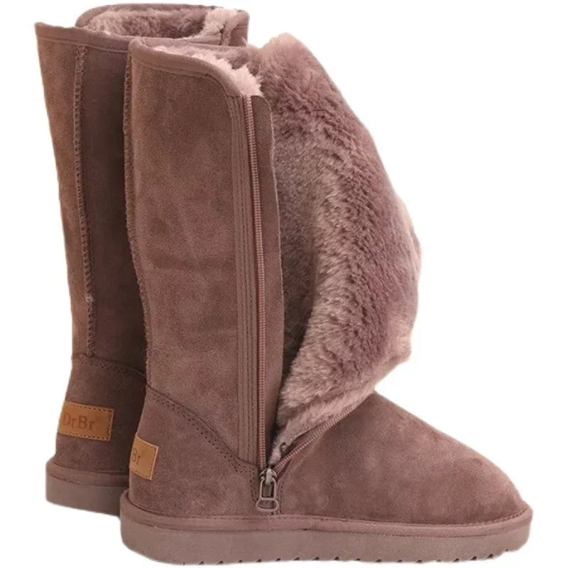 Bottes de neige en cuir véritable pour femmes et filles, imperméables, chaudes, fourrure australienne, plus velours, hauteur genou, hiver, dames classiques, 2024