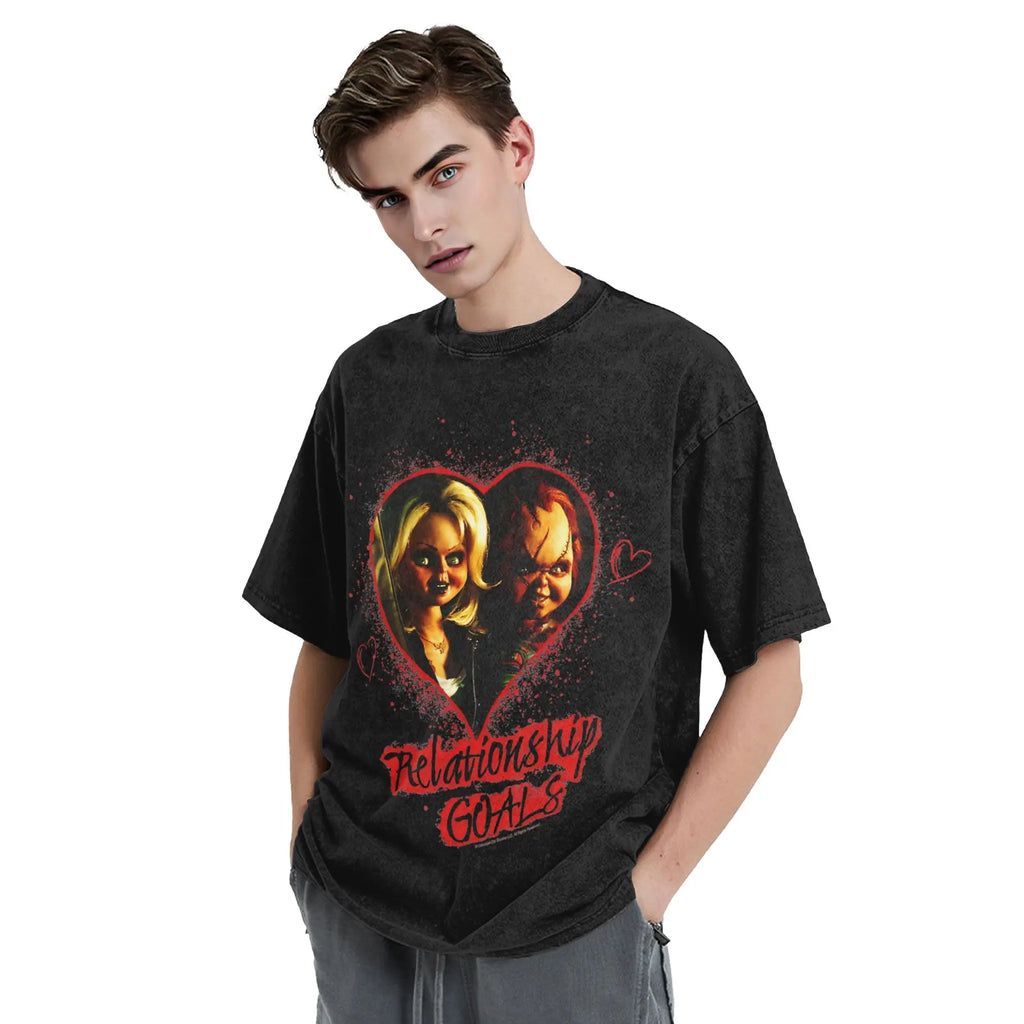 Childs Play Chucky et Tiffany objectifs de relation t-shirts pour hommes t-shirts délavés à manches courtes col rond T-Shirt 100% couverture en coton