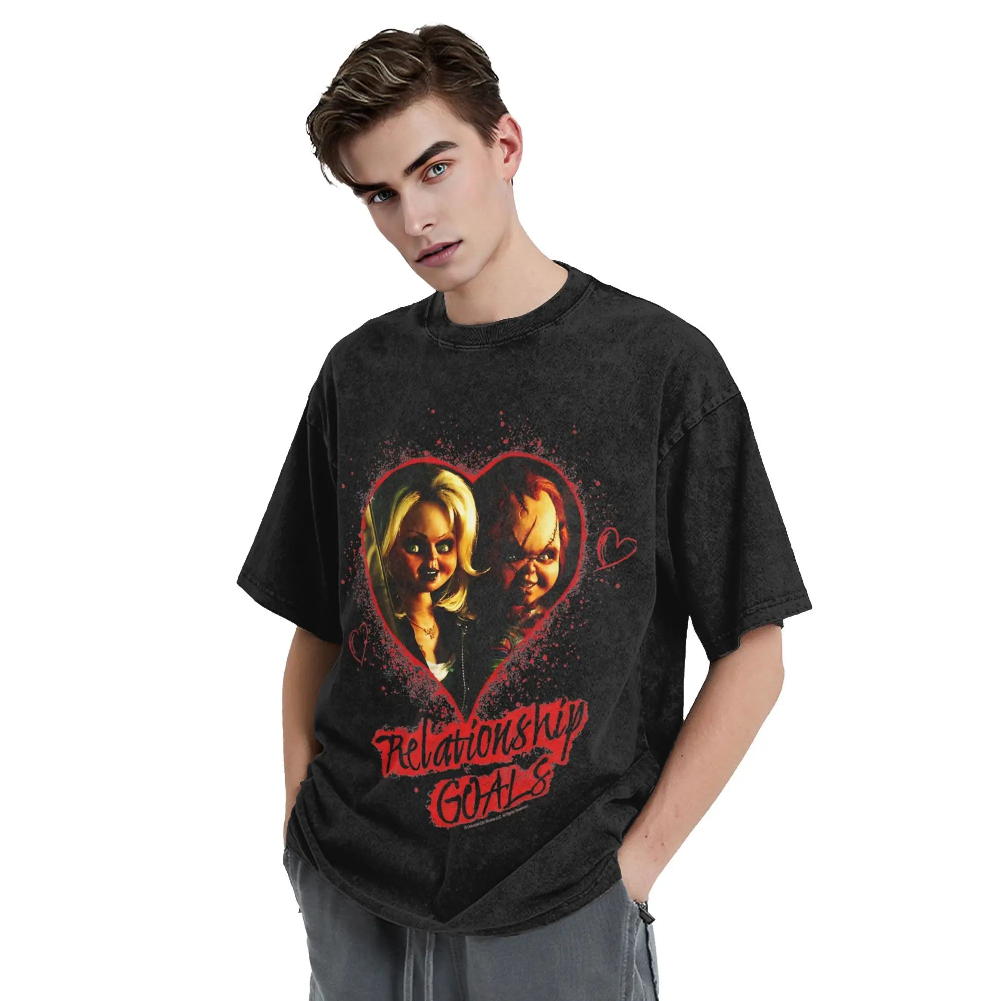 Childs Play Chucky et Tiffany objectifs de relation t-shirts pour hommes t-shirts délavés à manches courtes col rond T-Shirt 100% couverture en coton