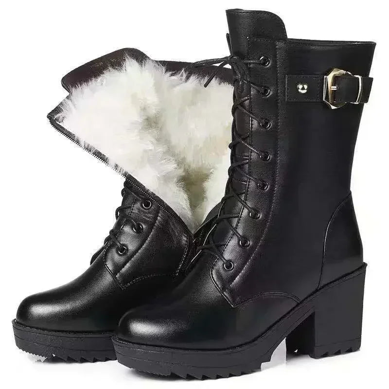 2025 hiver cuir femmes bottes d'hiver laine épaisse chaud femmes à talons hauts véritable botte de haute qualité femme bottes de neige femmes chaussures