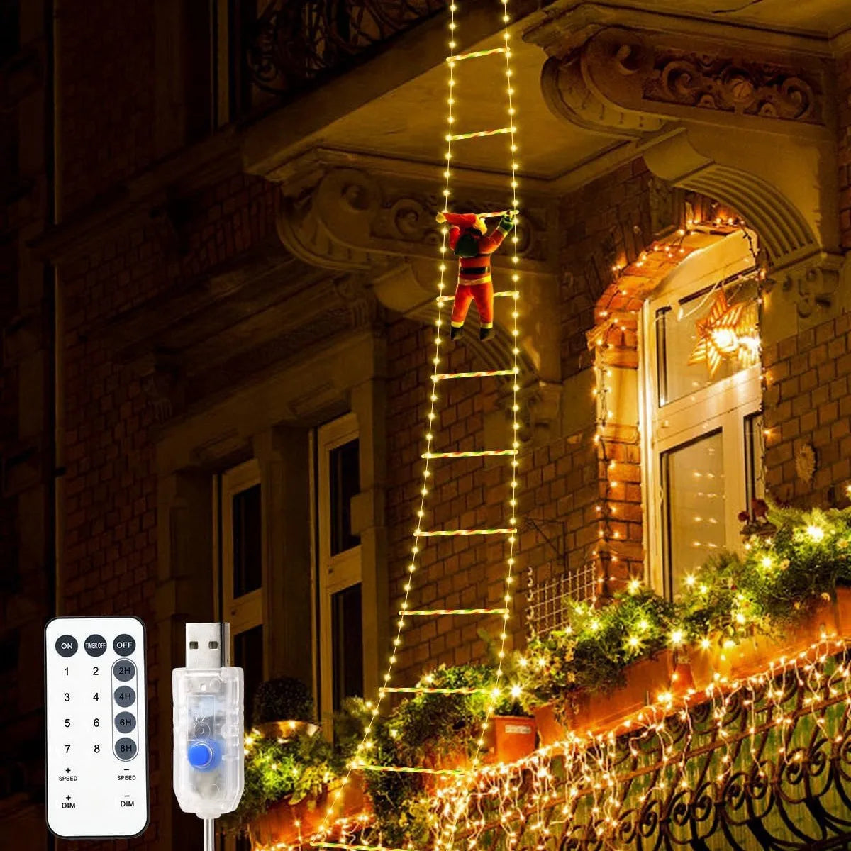 1.5/3M décoration de noël LED père noël échelle d'escalade lumière prise USB 8 Modes de clignotement approprié maison arbre de noël fenêtre murale
