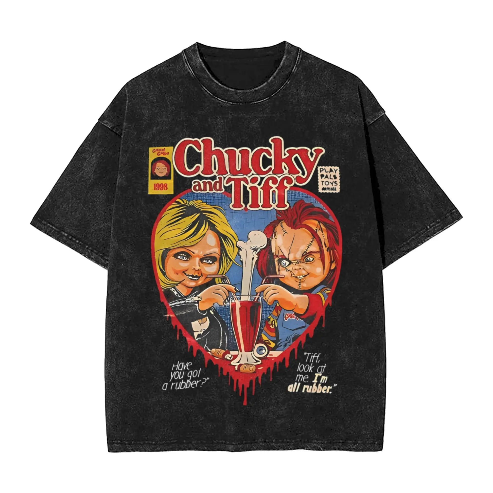 Childs Play Chucky et Tiffany objectifs de relation t-shirts pour hommes t-shirts délavés à manches courtes col rond T-Shirt 100% couverture en coton